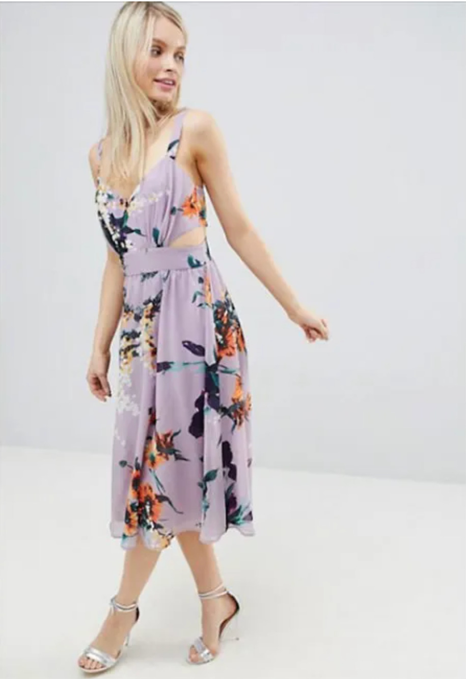 ASOS Purple Lilac Floral Cut Out Side Midi Dress Sleeveless Size 2